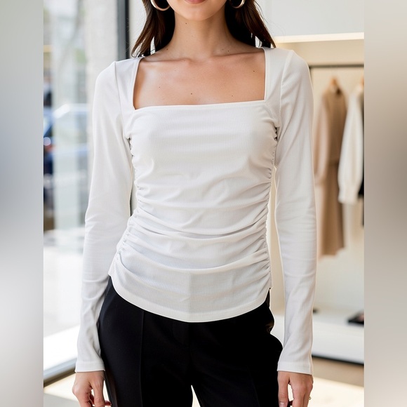 Elodie Tops - NWT Elodie White Ribbed Square Neck Ruched Long Sleeve Top M